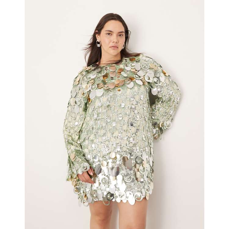 asos edition oversized blouson sleeve mini dress in sequin ASOS EDITION embellished shard sequin mini dress with oversized sleeves in  white