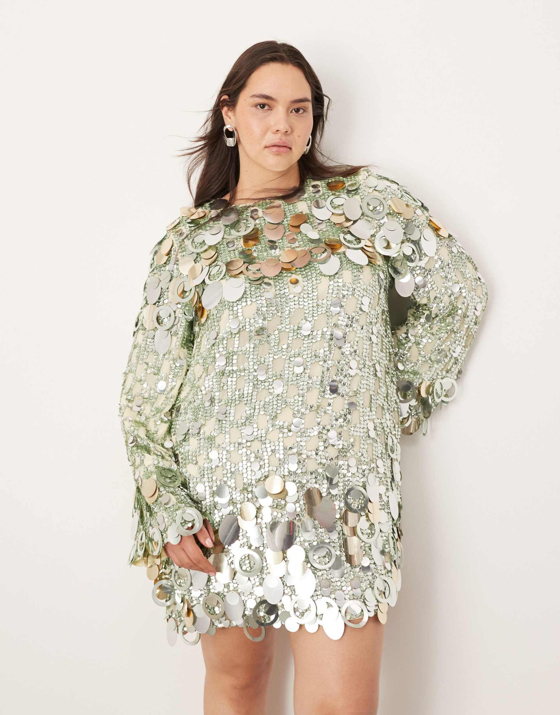 asos edition curve stacked multi sequin loose fit mini dress in green