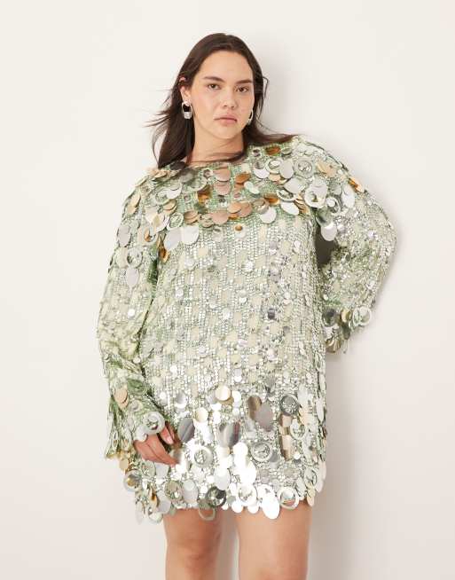 ASOS EDITION Curve stacked multi sequin loose fit mini dress in green