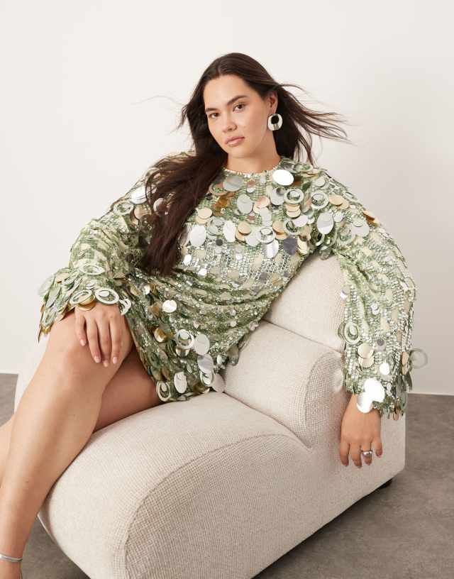 asos sequin green dress EDITION Curve stacked multi loose fit mini in colour: black-sparkly-long-sleeve-ruched-bodycon-midi-dress