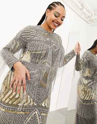 asos edition graphic beaded fringe plunge midi dress Moorey Beaded Mini Dress