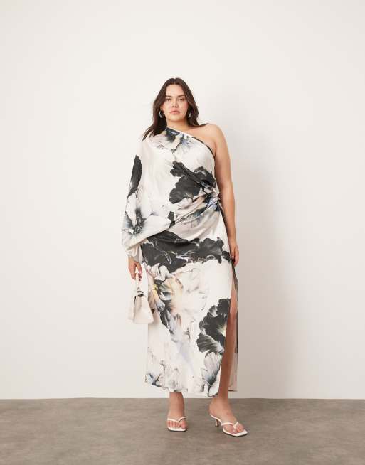 ASOS EDITION Curve – Storblommig, enärmad maxiklänning i oversize av satin