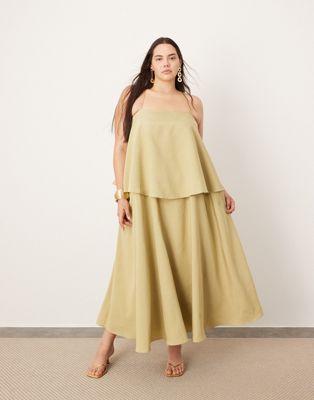 Curve strappy square neck maxi dress with pockets and dramatic drape detail in olive green