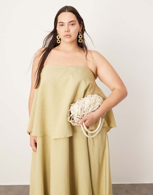 ASOS EDITION Curve strappy square neck maxi dress with pockets and dramatic drape detail in olive green ASOS