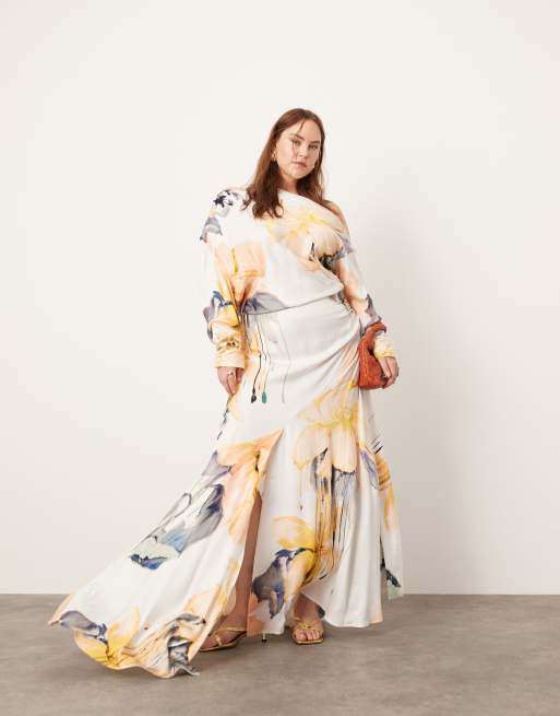 ASOS Edition Curve – Sukienka maxi z opadającym ramieniem w rozmyty kwiatowy wzór