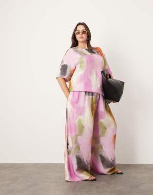 ASOS EDITION ASOS EDITION Curve super wide leg drawstring waist co-ord in bold watercolour-Multi