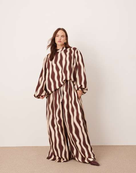 ASOS EDITION Curve super wide leg drawstring waist trouser and high neck oversized top co-ord in chocolate wavy print - view 1