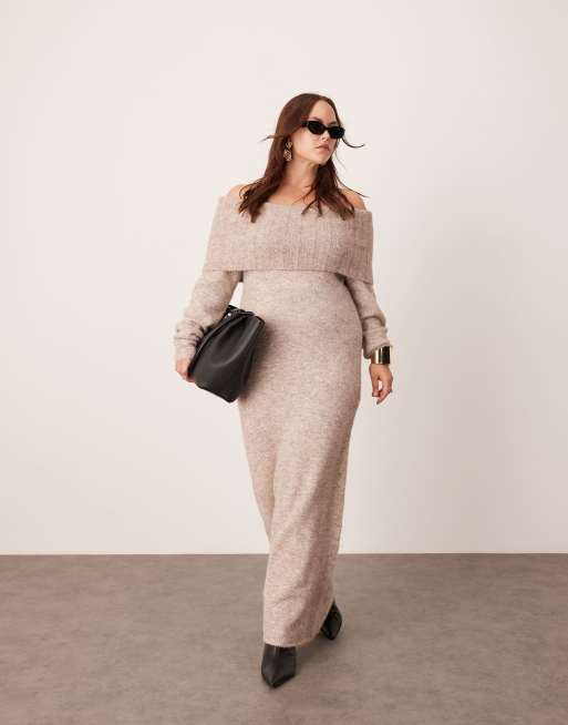ASOS EDITION Curve - Svampebrun og strikket bardot-midaxikjole