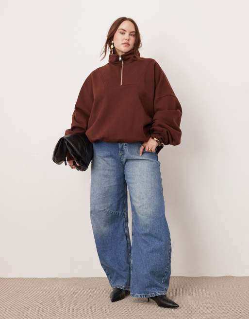 ASOS EDITION Curve - Sweat oversize en tissu épais de qualité supérieure avec col zippé - Chocolat, 2 de 4
