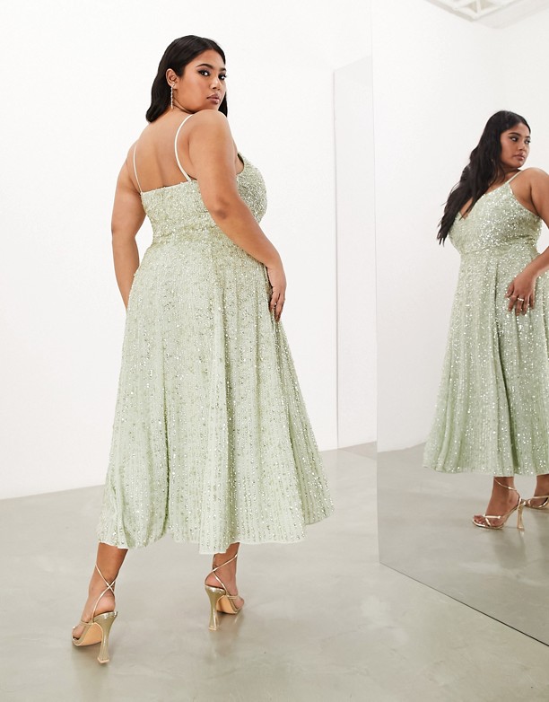 ASOS EDITION Curve – Szałwiowozielona zdobiona sukienka midi na ramiączkach Zielona szałwia 2021 Rabat 