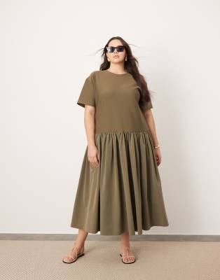 ASOS EDITION Curve - T-Shirt-Kleid aus Jersey in Olivgrün mit tief angesetzter Taille und kontrastierendem Stoff