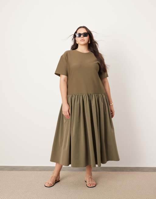 ASOS EDITION Curve T Shirt Kleid aus Jersey in Olivgrun mit tief angesetzter Taille und kontrastierendem Stoff