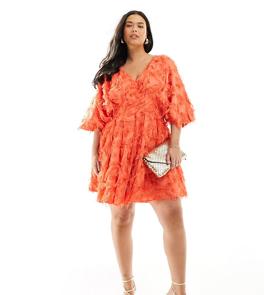 ASOS EDITION Curve textured cinched pleat waist mini dress in coral-Black