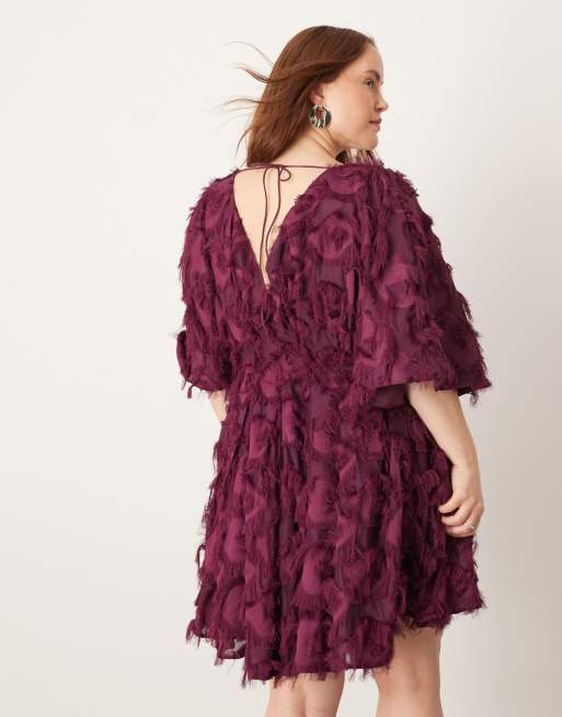 ASOS EDITION Curve textured cinched pleat waist mini dress in plum, 2 of 4