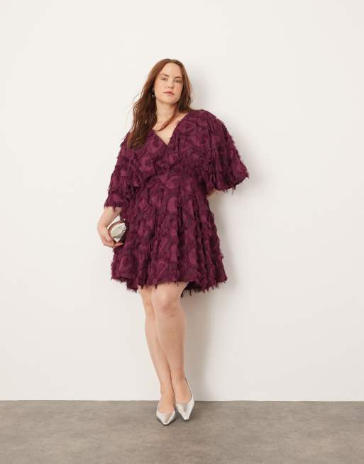 ASOS EDITION Curve textured cinched pleat waist mini dress in plum, 3 of 4
