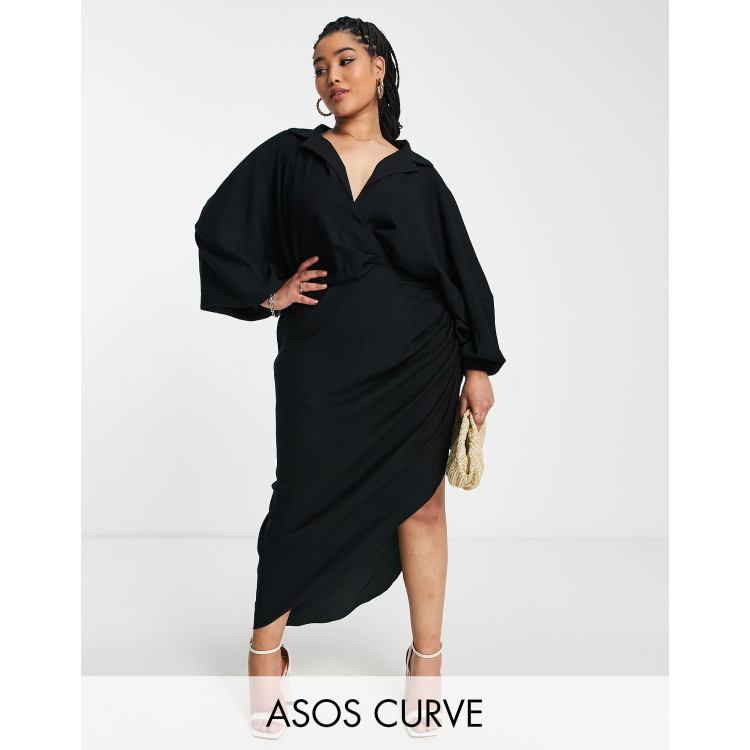 ASOS EDITION Curve textured drape midi shirt dress with tie detail in black