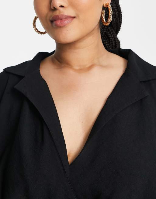 ASOS EDITION Curve textured drape midi shirt dress with tie detail in black