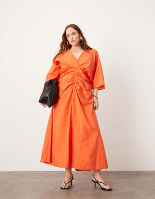 Asos Design Curve Textured Wide Sleeve Midi Dress With Ruched Waist In Orange-neutral