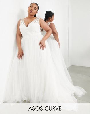 ASOS EDITION Curve Tiana delicate embroidered bodice wedding dress with V back