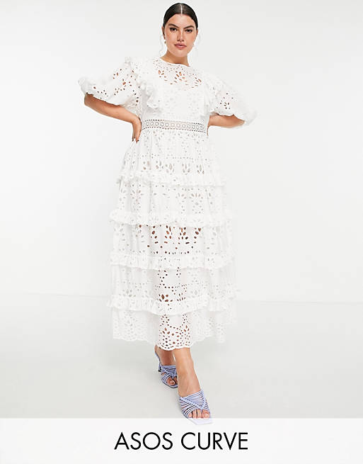 ASOS EDITION Curve tiered broderie midi dress with ruffle in white