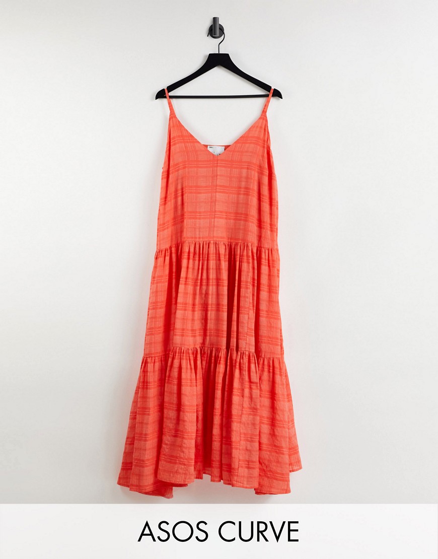 ASOS EDITION Curve tiered cami maxi dress in organza check in tomato red