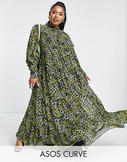 ASOS EDITION Curve tiered maxi dress in ditsy floral print in black