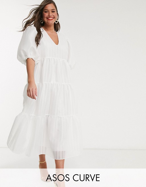 ASOS EDITION Curve tiered midi smock dress in textured stripe