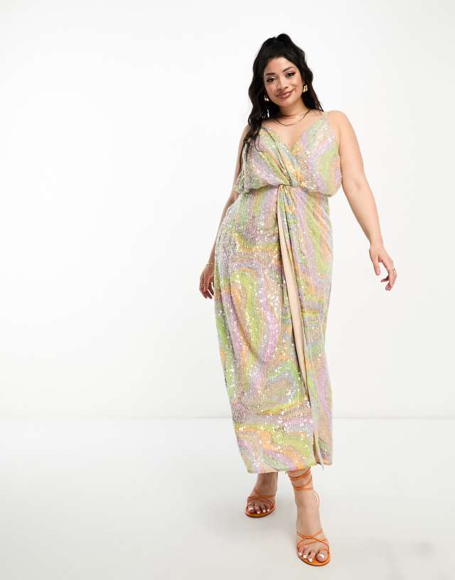 ASOS EDITION - curve twist front cami midi dress in pastel print and sequin