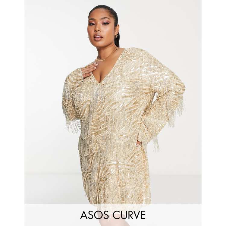 ASOS EDITION Curve v neck embellished mini shift dress with fringe in gold  | ASOS