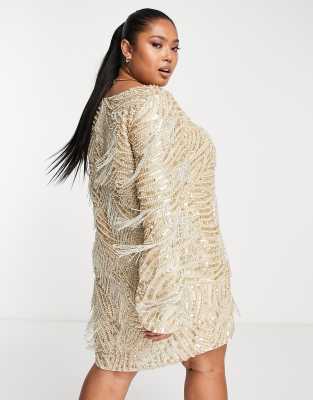 ASOS EDITION Curve v neck embellished mini shift dress with fringe in gold  | ASOS