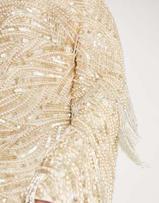 ASOS EDITION Curve v neck embellished mini shift dress with fringe in gold  | ASOS