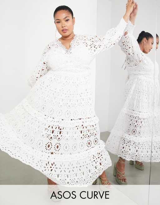 ASOS EDITION Curve v neck eyelet midi dress with puff sleeve in white