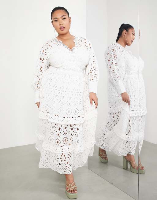 ASOS EDITION Curve v neck eyelet midi dress with puff sleeve in white