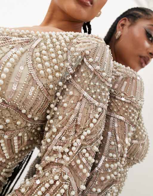 ASOS EDITION Curve v neck pearl embellished mini dress in pale gold, 2 of 4