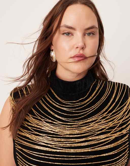 asos design high neck embellished pencil dress with fringe ASOS DESIGN