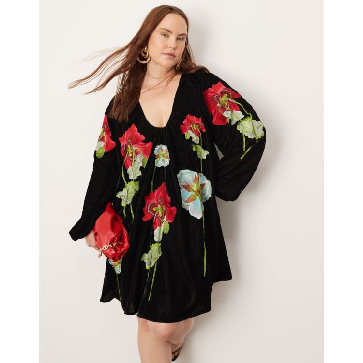 ASOS EDITION Curve velvet embroidered floral plunge neck