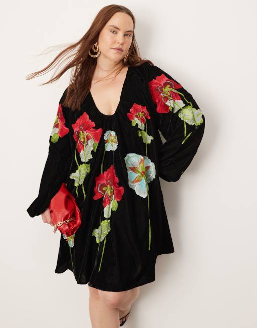 ASOS EDITION Curve velvet embroidered floral plunge neck full mini dress in black