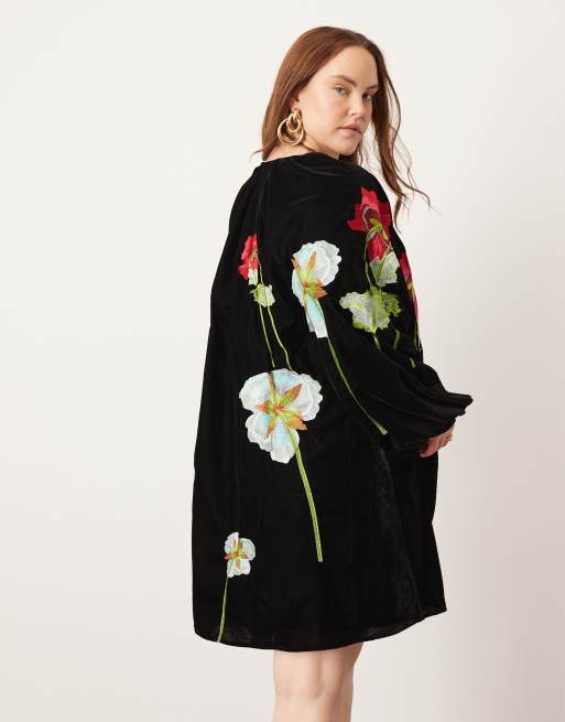 ASOS EDITION Curve velvet embroidered floral plunge neck full mini dress in  black