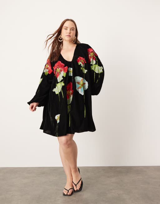 ASOS EDITION Curve velvet embroidered floral plunge neck full mini dress in black