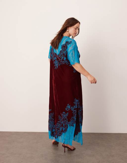 ASOS EDITION Curve velvet lace applique embroidered column midi dress in  burgundy | ASOS
