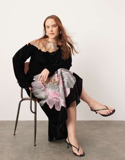 ASOS EDITION Curve velvet maxi embroidered dress in black