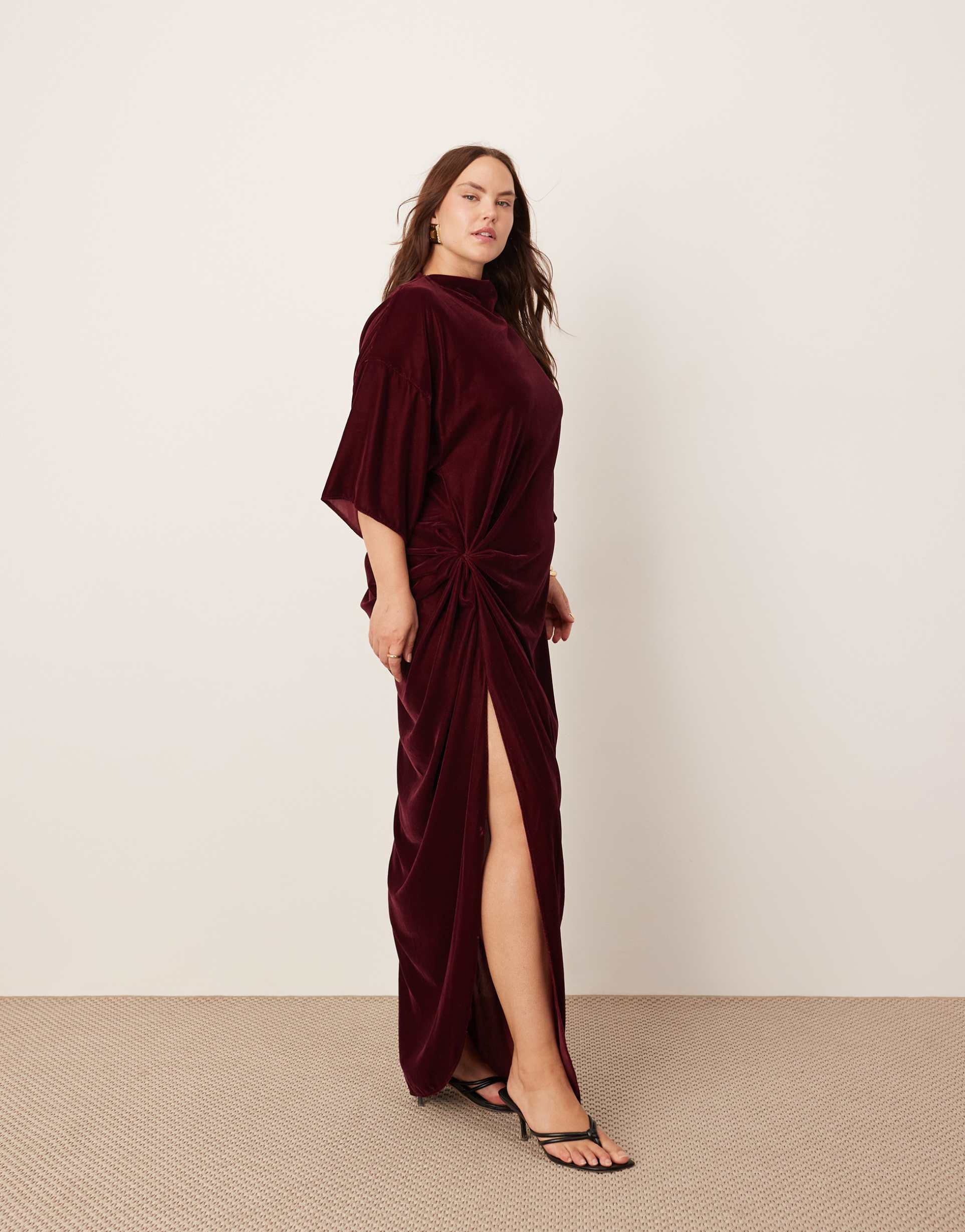 asos edition curve velvet twist waist t-shirt maxi dress in burgundy