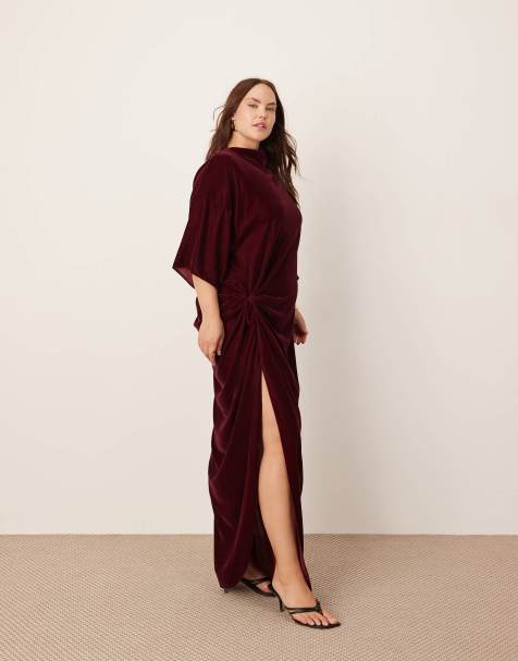 ASOS EDITION Curve velvet twist waist t-shirt maxi dress in burgundy - view 1