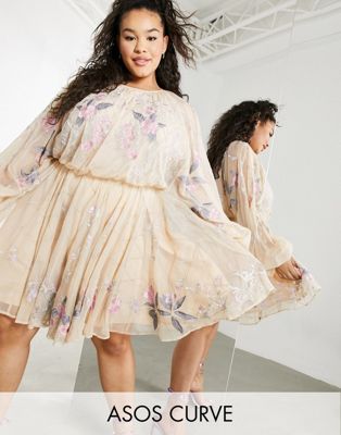 ASOS EDITION Curve floral beaded mesh dress with balloon sleeve - ASOS Price Checker