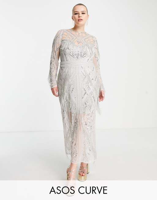 ASOS Edition Curve - Vestito argento midi con frange