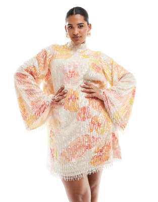 ASOS Edition Curve - Vestito corto accollato con frange e paillettes a fiori arancioni