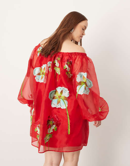 ASOS Edition Curve - Vestito corto rosso in organza con ricami floreali e scollo Bardot, 3 di 4