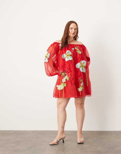 ASOS Edition Curve - Vestito corto rosso in organza con ricami floreali e scollo Bardot, 4 di 4