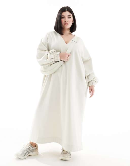 ASOS EDITION Curve - Vestito felpa premium oversize in jersey color pietra