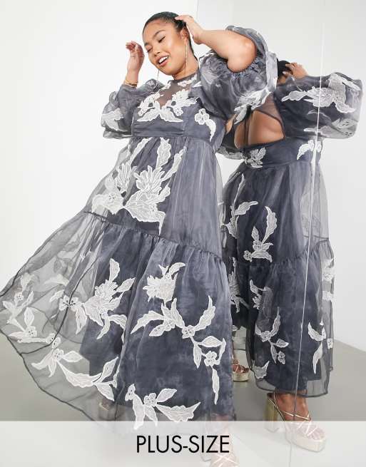 ASOS EDITION Curve - Vestito grembiule grigio ardesia con applicazioni con ricami
